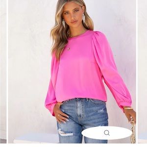 BEJEWELED SATIN LONG SLEEVE BLOUSE - PINK -
